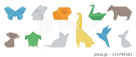 Japanese origami set. Polygonal animals and birds. Isolated paper art characters, giraffe, butterfly, swan and turtle. Handmade decent vector clipart 114746561
