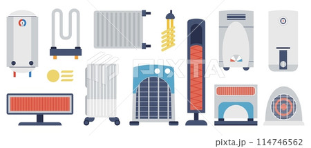 Heating system. Gas boilers and electric radiators. Home fan, air conditioner and radiator devices. Sun heat, house warming decent vector icons 114746562