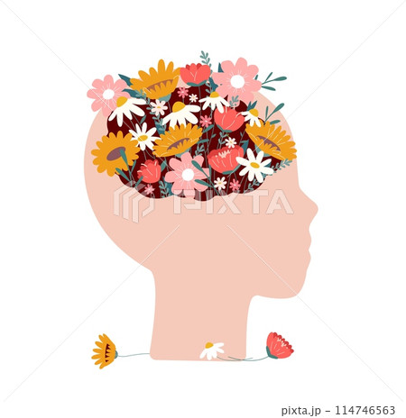 Healthy mind and brain. Mental healthcare metaphor, human face silhouette and floral bouquet in head. Fresh and creativity, vector concept 114746563