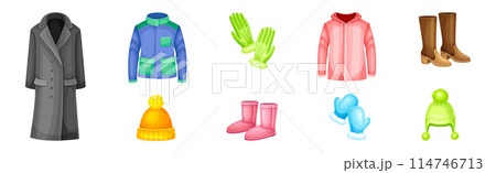 Winter Clothes and Warm Outerwear as Protection Against Cold Weather Vector Set 114746713