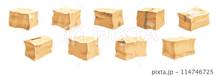 Crumpled Cardboard Box with Corrugated Sides as Packaging and Shipping Container Vector Set Crumpled Cardboard Box with Corrugated Sides as Packaging and Shipping Container Vector Set 114746725