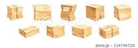 Crumpled Cardboard Box with Corrugated Sides as Packaging and Shipping Container Vector Set 114746728