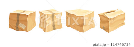 Crumpled Cardboard Box with Corrugated Sides as Packaging and Shipping Container Vector Set 114746734