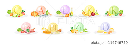 Food Group and Vitamin Category of Macro and Micronutrient Vector Set 114746739