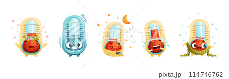 Cartoon Thermometer Character in Different Pose and Action Vector Set Cartoon Thermometer Character in Different Pose and Action Vector Set 114746762