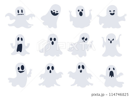 Funny scary halloween ghost. Spooky cute monsters. Ghosts set. Naive simple flat cartoon vector party characters Funny scary halloween ghost. Spooky cute monsters. Ghosts set. Naive simple flat cartoon vector party characters 114746825