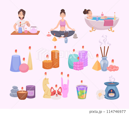 Aroma candles. Smell therapy with wax aroma candles exact vector relax time in massage saloon 114746977