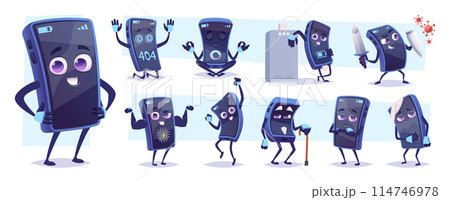 Smartphone mascot. Cartoon mobile phone with hands and emotional faces posing exact vector template character Smartphone mascot. Cartoon mobile phone with hands and emotional faces posing exact vector template character 114746978