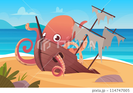 Octopus damaged wooden old ship on outdoor island with big fantasy kraken Octopus damaged wooden old ship on outdoor island with big fantasy kraken 114747005