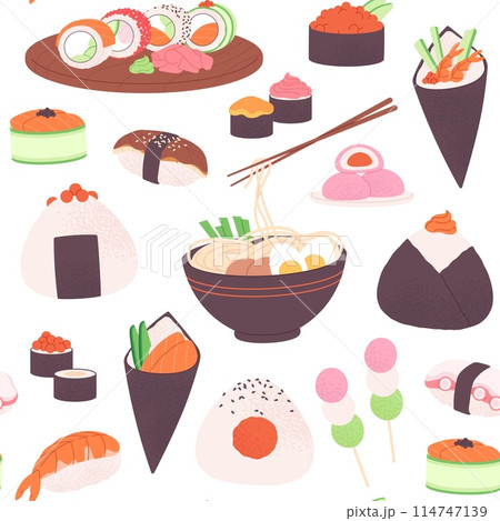 Asian food seamless pattern. Delicious traditional meals with rice, seafood, vegetables and nori. Noodles and sushi, racy vector print design 114747139