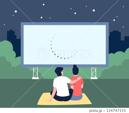 Open air cinema date. Couple waiting film start, evening dating in city park. Rest and recreation, flat entertainment on nature recent vector scene 114747153