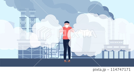 Air pollution problems. Person wear protective mask. Dirty steam and fog, factory, manufactures and industry. Ecology catastrophe vector scene 114747171