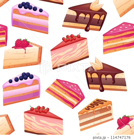 Cakes seamless pattern. Creamy cake slices with berry, chocolate and jam. Cafe or cafeteria food, fabric wrapping print design, nowaday vector template 114747176