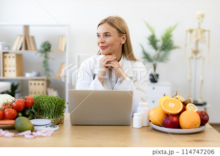 Nutritionist working on laptop and writing diet plan for patient. Nutritionist working on laptop and writing diet plan for patient. 114747206