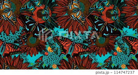 Beautiful graphic floral seamless abstraction with butterflies and flowers. Vector illustration 114747237