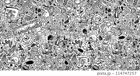 Seamless monochrome pattern of cute line animals. hand drawing. Not AI, Vector illustration 114747257