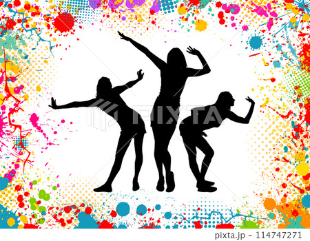 Abstract blots with silhouettes of dancing girls. disco. hand drawing. Not AI. Vector illustration Abstract blots with silhouettes of dancing girls. disco. hand drawing. Not AI. Vector illustration 114747271