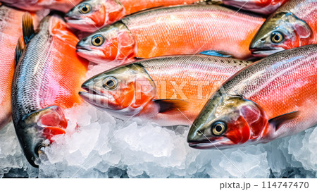 trout nestled in shaved ice 114747470