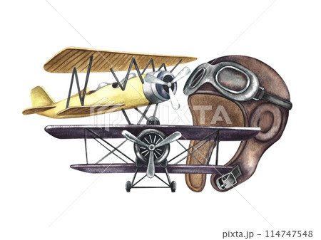 Vintage retro airplanes, an old pilot's helmet. An illustration made by hand in watercolor. Vintage liners, front and side view. For badges, stickers and prints. For labels, postcards and packaging. 114747548