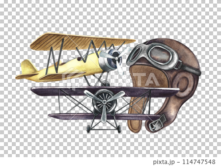 Vintage retro airplanes, an old pilot's helmet. An illustration made by hand in watercolor. Vintage liners, front and side view. For badges, stickers and prints. For labels, postcards and packaging. 114747548