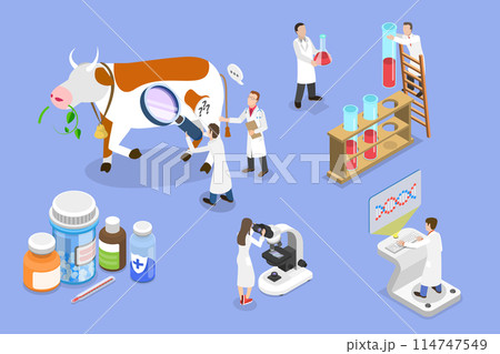3D Isometric Flat Vector Illustration of Medical Checkup For Farm Animals, Animal Husbandry Healthcare 114747549