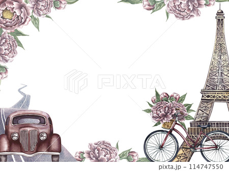 Vintage frame with retro car, Eiffel tower, bicycle and road. Decorated with peony flowers. A retro-style journey. A watercolor illustration made by hand. For postcards, banners and posters. 114747550
