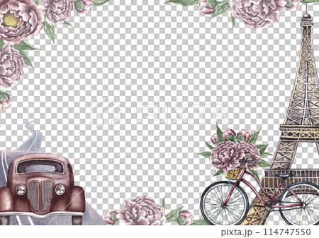 Vintage frame with retro car, Eiffel tower, bicycle and road. Decorated with peony flowers. A retro-style journey. A watercolor illustration made by hand. For postcards, banners and posters. 114747550