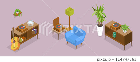 3D Isometric Flat Vector Illustration of Retro Style Apartment, Cozy Home 114747563