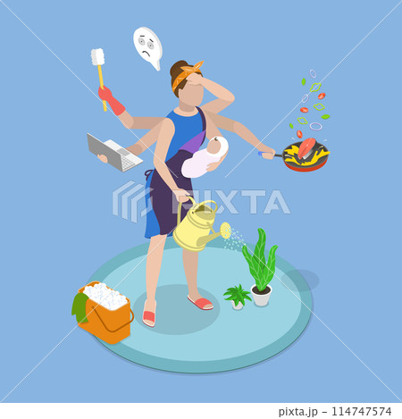 3D Isometric Flat Vector Illustration of Motherhood Challenges, Multitasking Mom and Housewife 3D Isometric Flat Vector Illustration of Motherhood Challenges, Multitasking Mom and Housewife 114747574