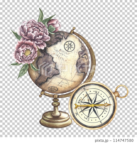 Vintage globe and retro compass. A hand-painted watercolor illustration of an ancient model of the earth on a wooden stand and an antique compass. For banners, flyers, posters. For print, sticker. Vintage globe and retro compass. A hand-painted watercolor illustration of an ancient model of the earth on a wooden stand and an antique compass. For banners, flyers, posters. For print, sticker. 114747580