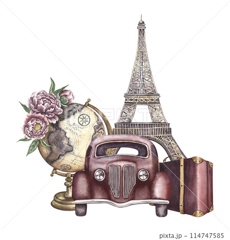 A retro car and an antique globe of the earth, the Eiffel Tower and a suitcase. A watercolor illustration made by hand. Vintage travel. For banners, flyers, posters. For prints, stickers, postcards. A retro car and an antique globe of the earth, the Eiffel Tower and a suitcase. A watercolor illustration made by hand. Vintage travel. For banners, flyers, posters. For prints, stickers, postcards. 114747585