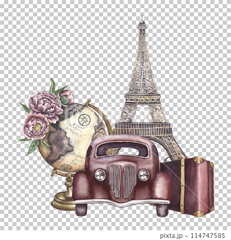 A retro car and an antique globe of the earth, the Eiffel Tower and a suitcase. A watercolor illustration made by hand. Vintage travel. For banners, flyers, posters. For prints, stickers, postcards. 114747585
