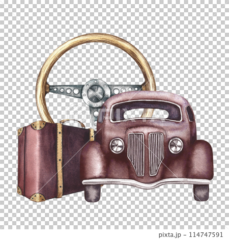 Vintage retro car, front view. Antique wooden steering wheel and retro suitcase. A watercolor illustration made by hand. Vintage travel. For posters, prints, stickers and postcards. Vintage retro car, front view. Antique wooden steering wheel and retro suitcase. A watercolor illustration made by hand. Vintage travel. For posters, prints, stickers and postcards. 114747591