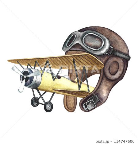 Vintage retro airplane, old pilot's helmet. An illustration made by hand in watercolor. Vintage airliner flying out of the pilot's helmet. For badges, stickers and prints. For labels, postcards. 114747600