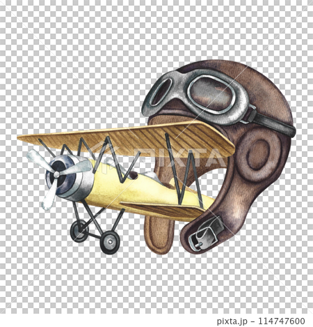 Vintage retro airplane, old pilot's helmet. An illustration made by hand in watercolor. Vintage airliner flying out of the pilot's helmet. For badges, stickers and prints. For labels, postcards. 114747600