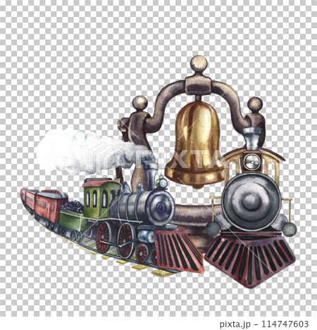 Vintage steam locomotives, and a steam locomotive bell. Watercolor illustration made by hand in retro style. For banners, flyers, posters. For prints, stickers, postcards and tickets. Vintage steam locomotives, and a steam locomotive bell. Watercolor illustration made by hand in retro style. For banners, flyers, posters. For prints, stickers, postcards and tickets. 114747603