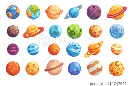 Cartoon Space Planets, Asteroids, and Moons Set. Cosmic Celestial Bodies Icons. Isolated Vector Illustrations on White Background. Simple Flat Style. Galactic Exploration, Astronomy Design 114747605