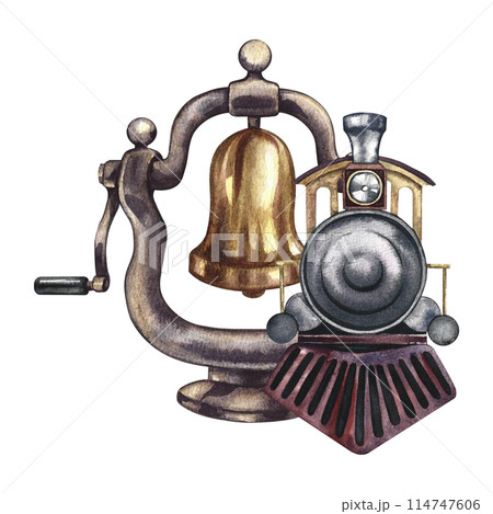 An antique steam locomotive and a steam locomotive bell. Handmade watercolor illustration in vintage style. For badges and emblems, banners, flyers, posters. For prints, stickers, postcards and ticket 114747606