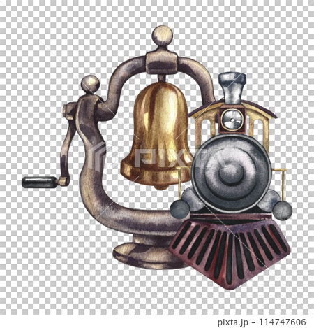 An antique steam locomotive and a steam locomotive bell. Handmade watercolor illustration in vintage style. For badges and emblems, banners, flyers, posters. For prints, stickers, postcards and ticket 114747606