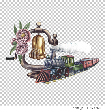 Vintage steam locomotive and locomotive bell decorated with flowers. Handmade watercolor illustration in vintage style. For postcards, badges and emblems for posters, prints or stickers, tickets. Vintage steam locomotive and locomotive bell decorated with flowers. Handmade watercolor illustration in vintage style. For postcards, badges and emblems for posters, prints or stickers, tickets. 114747609