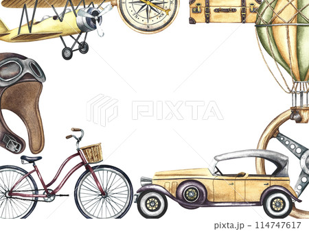 Border frame with vintage transports over land and sky Retro cars, bicycles, airplanes and balloons. A watercolor illustration made by hand. For banner, flyer, poster and printing. For postcards. Border frame with vintage transports over land and sky Retro cars, bicycles, airplanes and balloons. A watercolor illustration made by hand. For banner, flyer, poster and printing. For postcards. 114747617