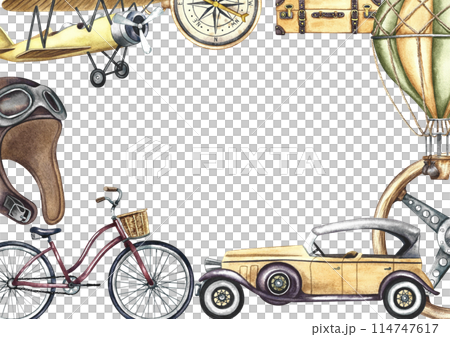 Border frame with vintage transports over land and sky Retro cars, bicycles, airplanes and balloons. A watercolor illustration made by hand. For banner, flyer, poster and printing. For postcards. Border frame with vintage transports over land and sky Retro cars, bicycles, airplanes and balloons. A watercolor illustration made by hand. For banner, flyer, poster and printing. For postcards. 114747617