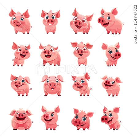 Cartoon Piglet Avatar Set. Illustrations in Various Poses. Isolated Vector Collection on White Background. Simple Flat Style for Animal Avatars and Farm-themed Designs 114747622
