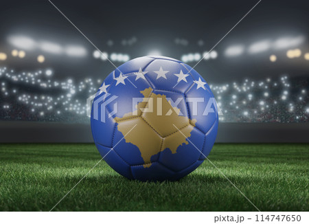 Soccer ball in flag colors on a bright blurred stadium background. Kosovo. 3D image Soccer ball in flag colors on a bright blurred stadium background. Kosovo. 3D image 114747650