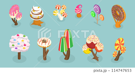 3D Isometric Flat Vector Set of Fantasy Sweet Land Elements, Candy Plants 114747653