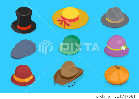 3D Isometric Flat Vector Set of Hats, headgears, Clothing Accessory 3D Isometric Flat Vector Set of Hats, headgears, Clothing Accessory 114747661