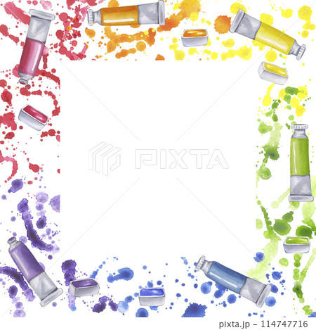 Paint tube square frame watercolor gouache with expressive colorful splashes and drops. Colors of rainbow. Creative supplies for drawing. Hand drawn illustration isolated background. Clip art for book 114747716