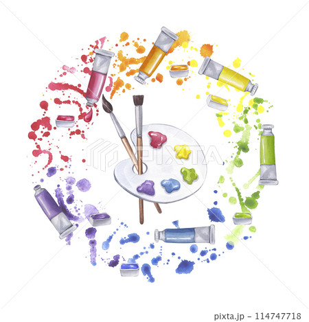 Artist's palette with paints tube cuvette round wreath. Paintbrushes for coloring. Watercolor expressive colorful splashes and drops. Colors of rainbow. Hand drawn illustration isolated background Artist's palette with paints tube cuvette round wreath. Paintbrushes for coloring. Watercolor expressive colorful splashes and drops. Colors of rainbow. Hand drawn illustration isolated background 114747718