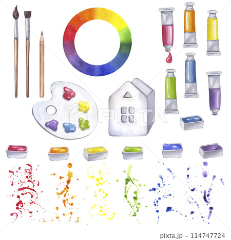 Artist's art supplies kit palette brushes paint colors pencil. Watercolor oil acrylic tempera gouache. Liquid pigments expressive colorful splashes drops. Hand drawn illustration isolated background Artist's art supplies kit palette brushes paint colors pencil. Watercolor oil acrylic tempera gouache. Liquid pigments expressive colorful splashes drops. Hand drawn illustration isolated background 114747724