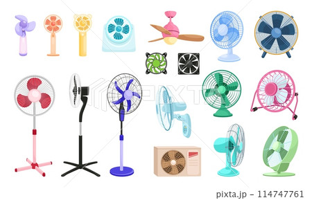 Cartoon electric fans. Electrical fan office industry or home appliance, cool air hot wind blower ventilator table rotating propeller climate control, ingenious vector illustration 114747761